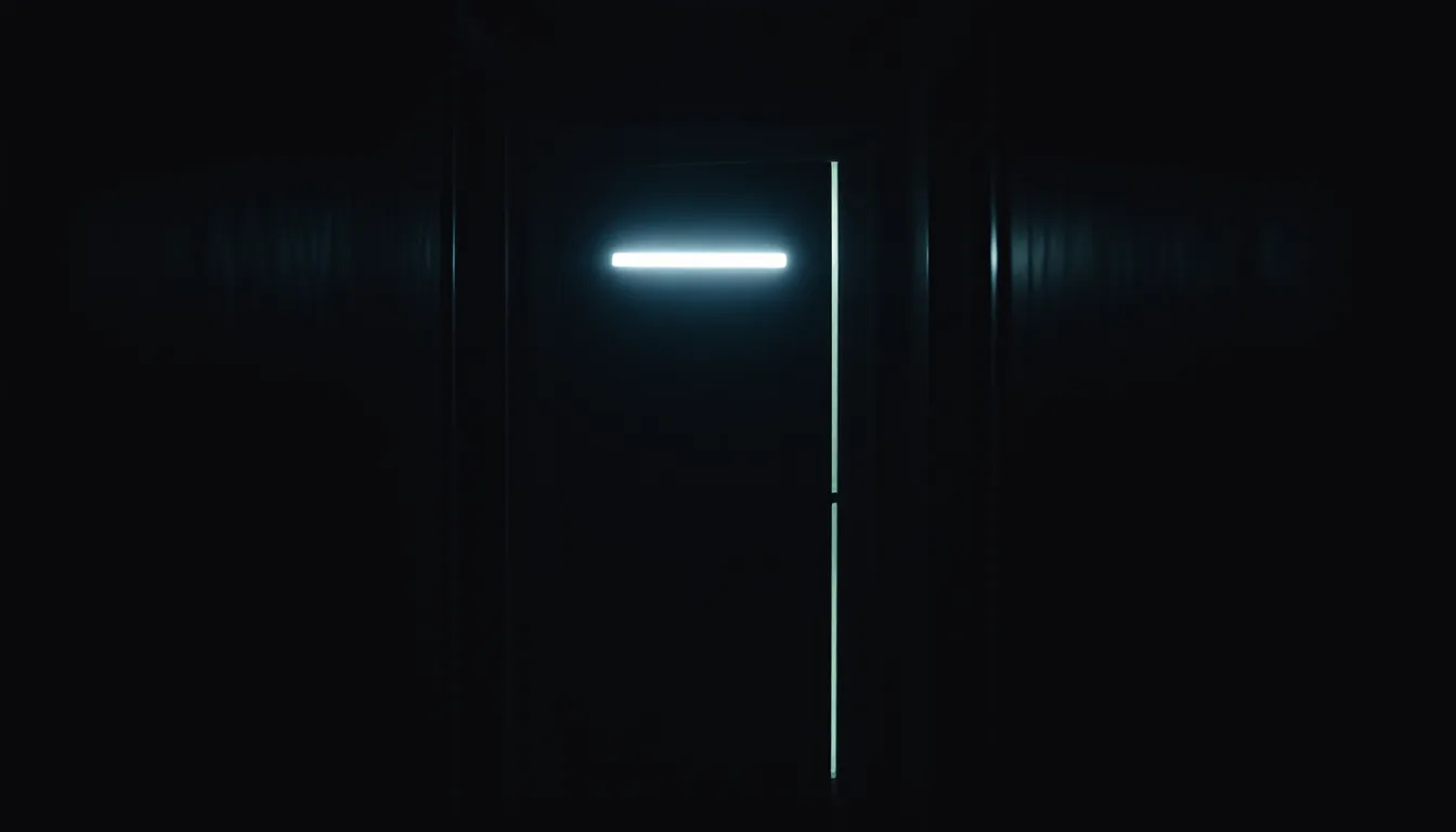 Dark hallway in an apartment at night, a door is ajar and lets in faint light