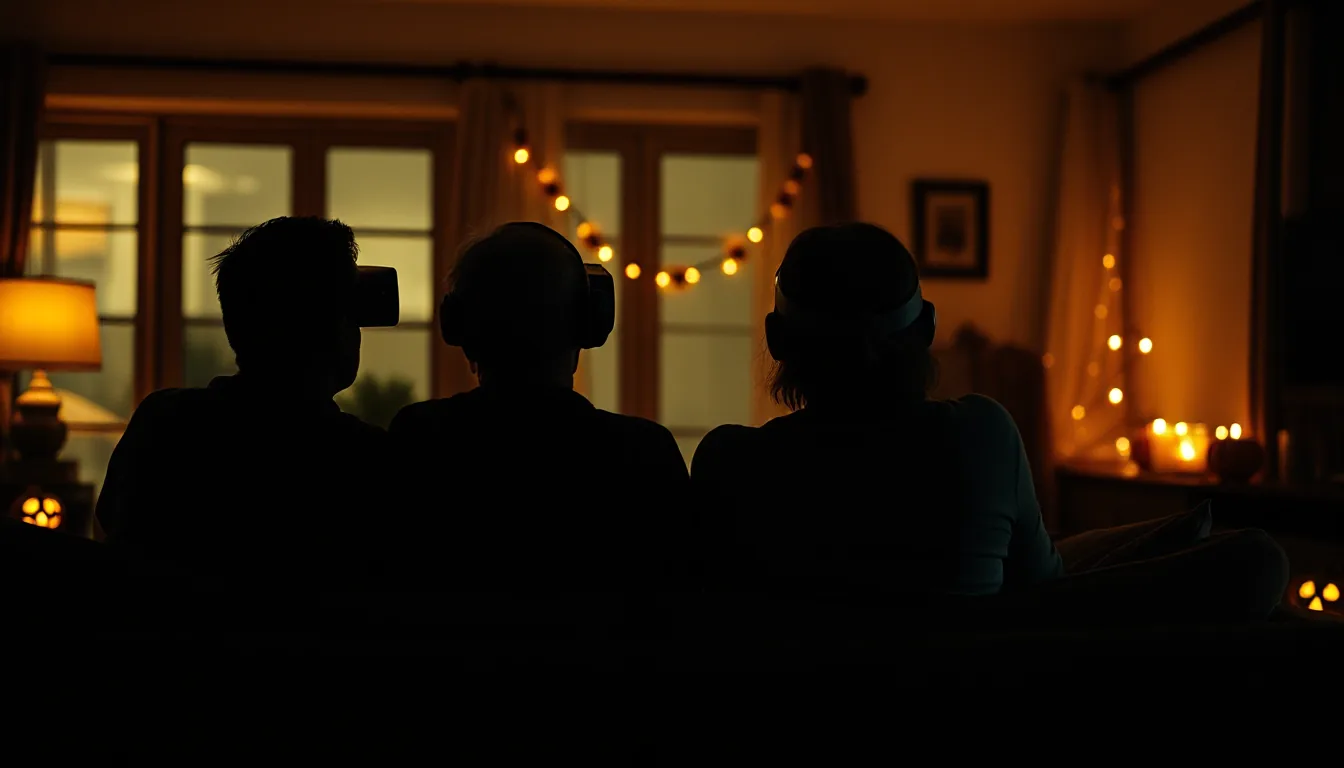 Viewers on a couch watch a person wearing a VR headset in a living room decorated with pumpkins and candles