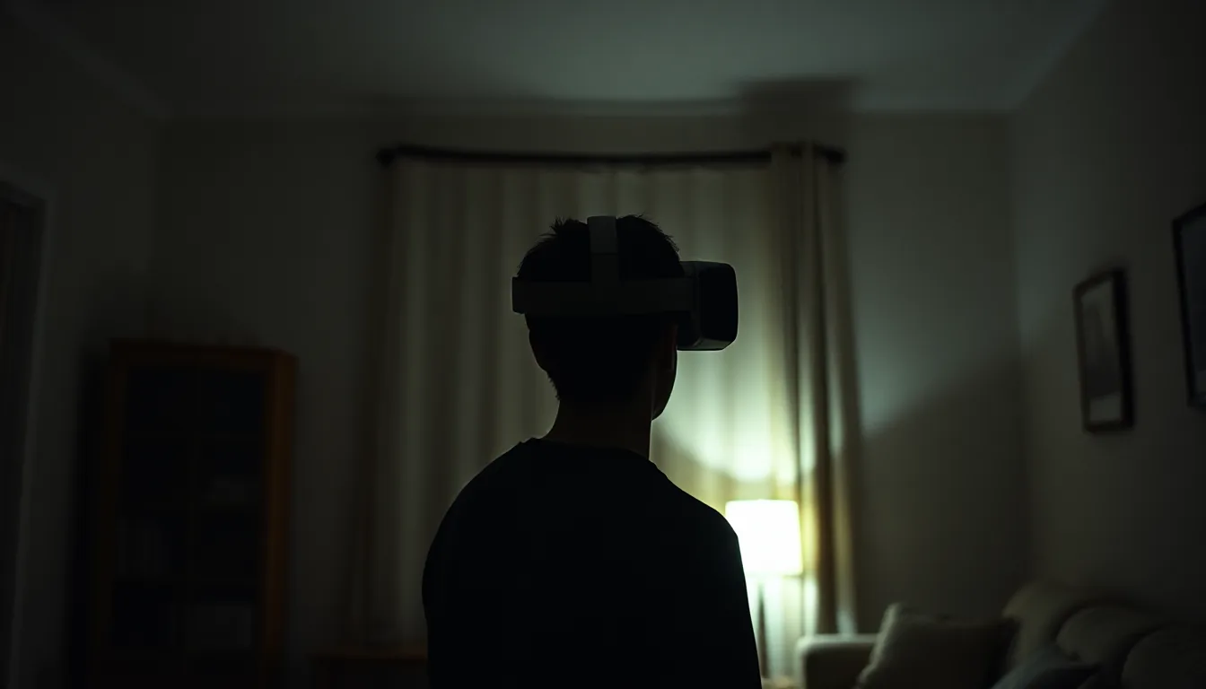 Person with VR headset standing in a darkened living room, photographed from behind