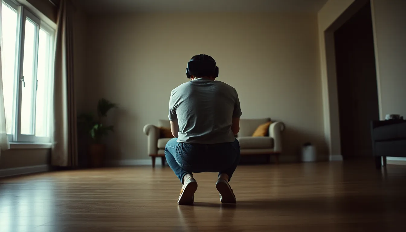 Person with VR headset crouching in a darkened living room, seen from behind