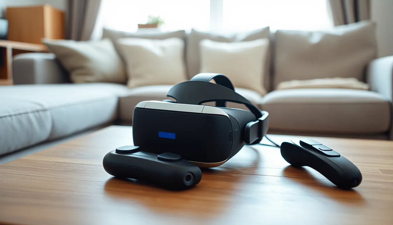 VR headset and two controllers on a coffee table in a living room