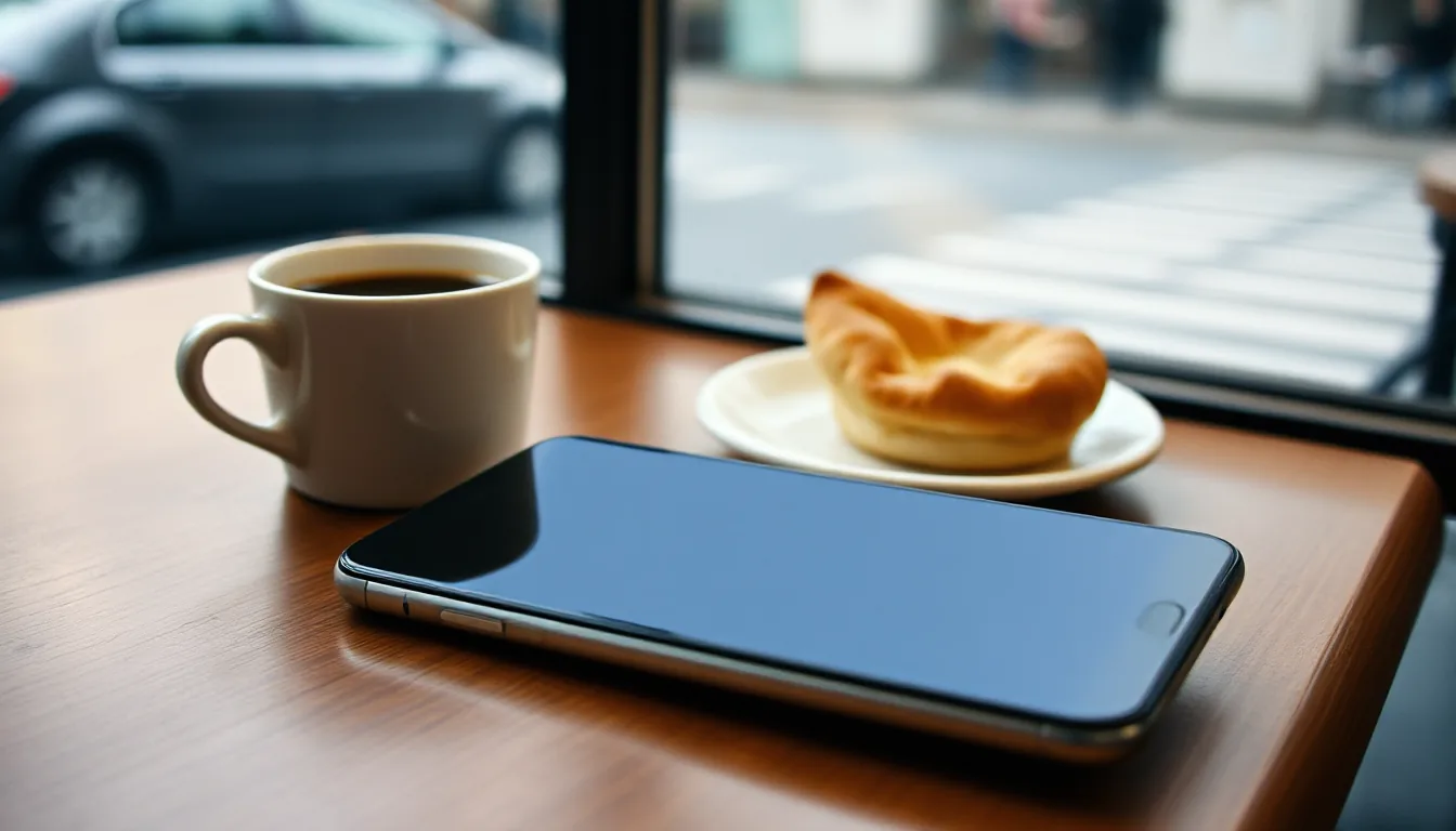 Smartphone and coffee cup on a café table by the window