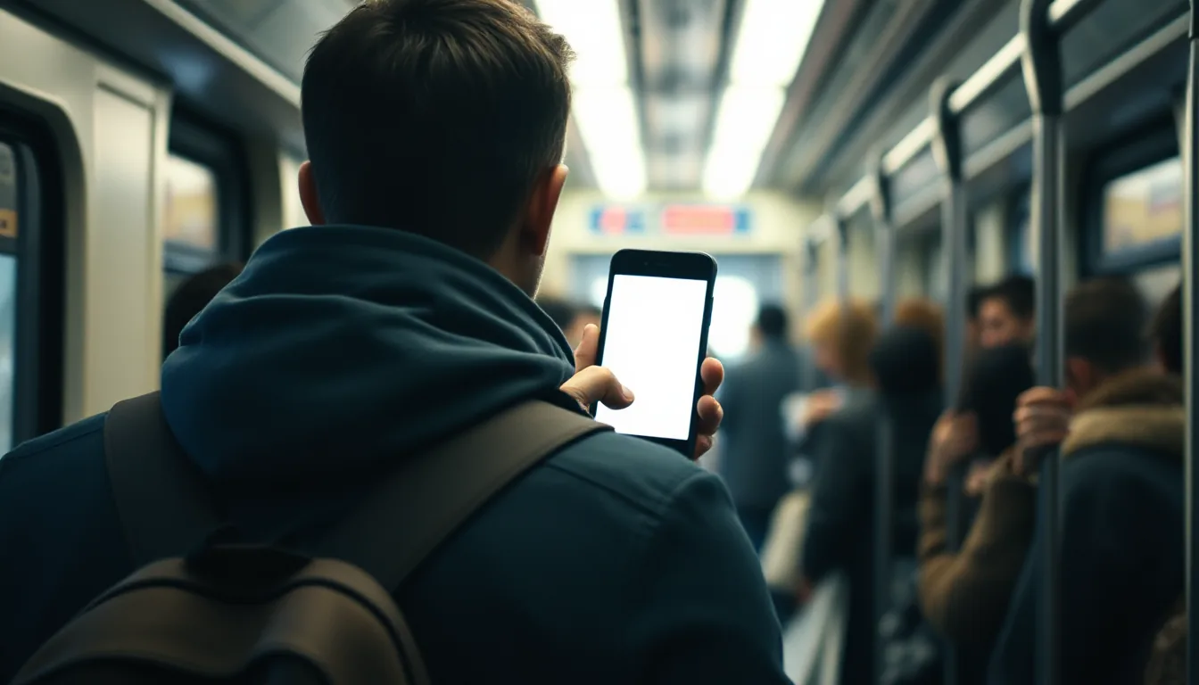 A commuter on a train holds a smartphone, photographed from behind