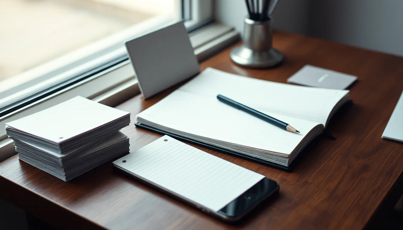 Handwritten flashcards and a notebook on a desk
