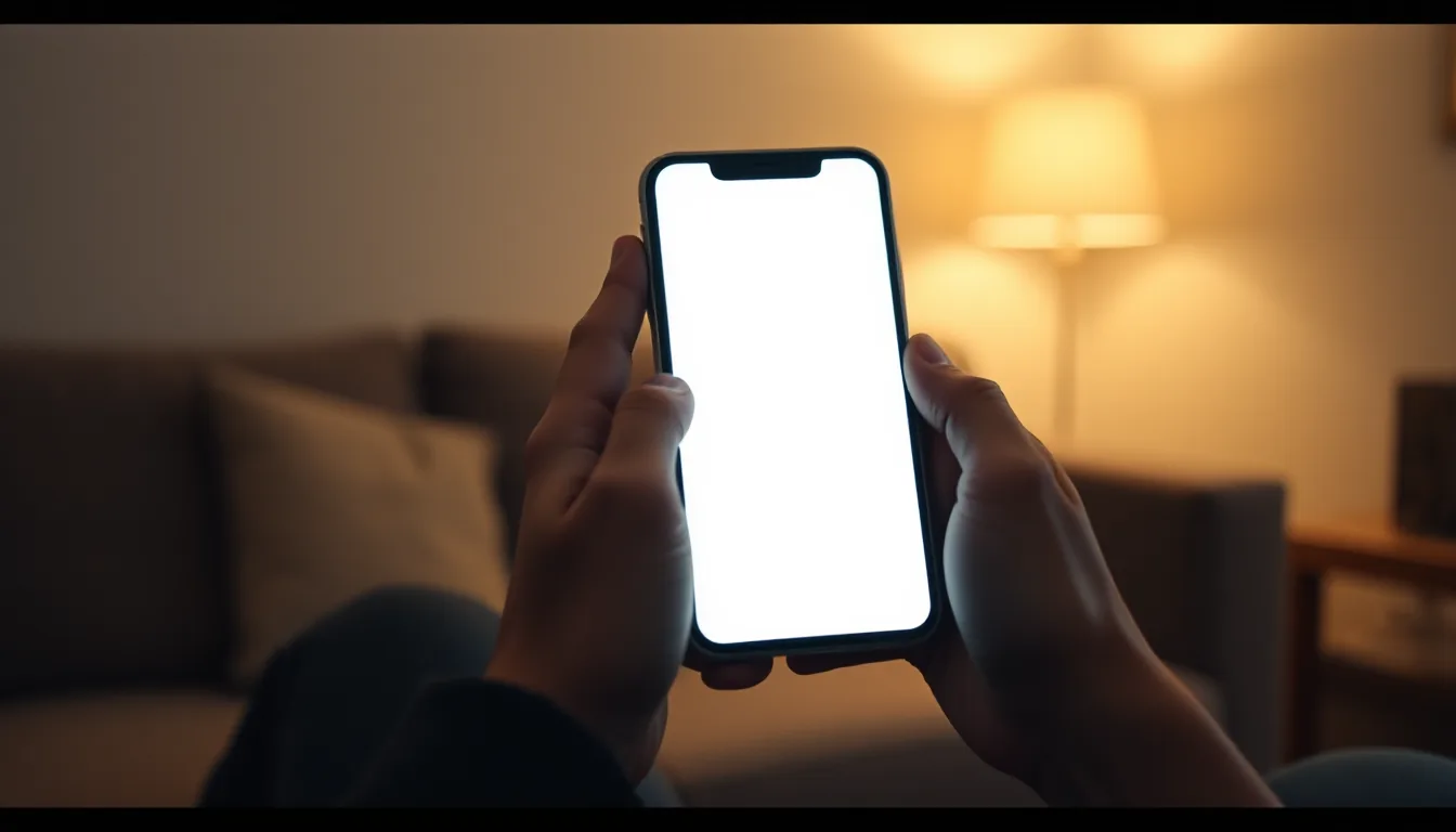 Hands hold a smartphone with a glowing screen on a couch in the evening