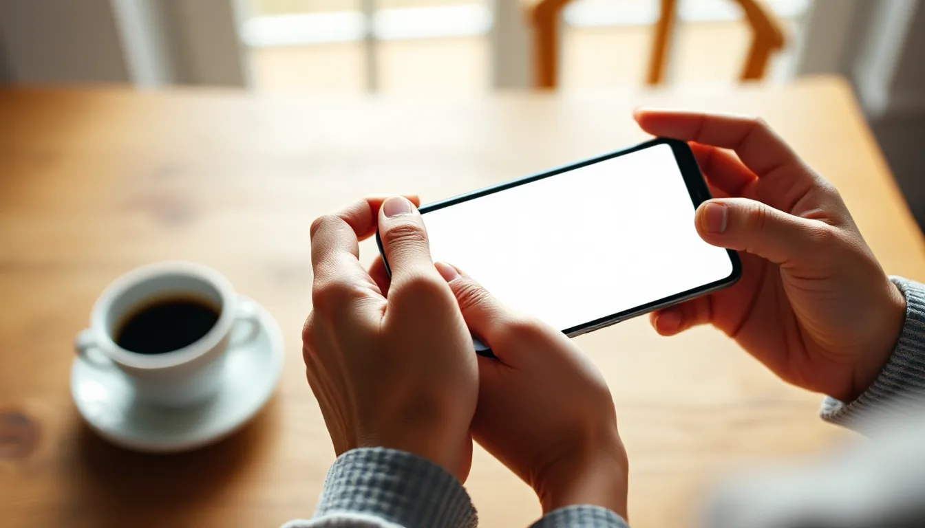 Two hands hold a smartphone with a blank, glowing screen over a wooden table