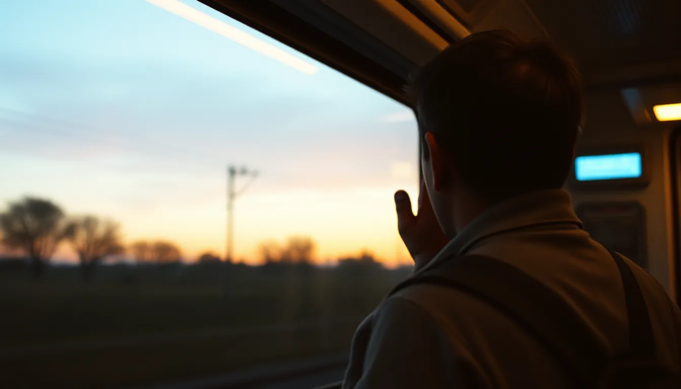 A passenger, seen from behind, stands at a train window while dusk passes outside