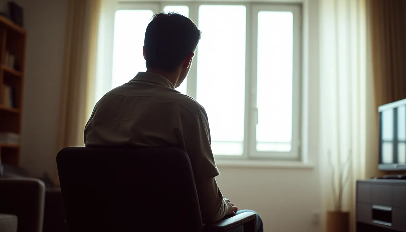 A person seen from behind sitting calmly in front of a bright window