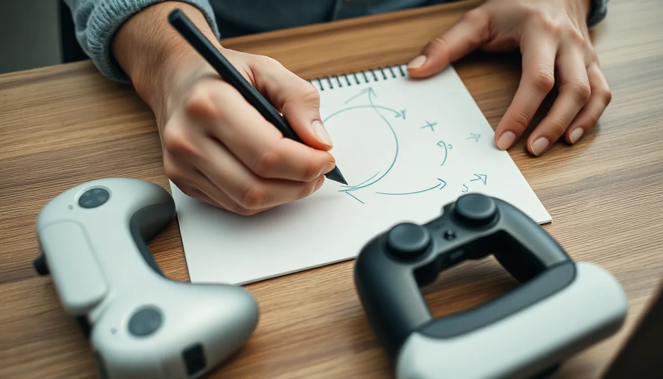 Hands sketch lines and arrows with a pencil on a notepad next to a VR controller