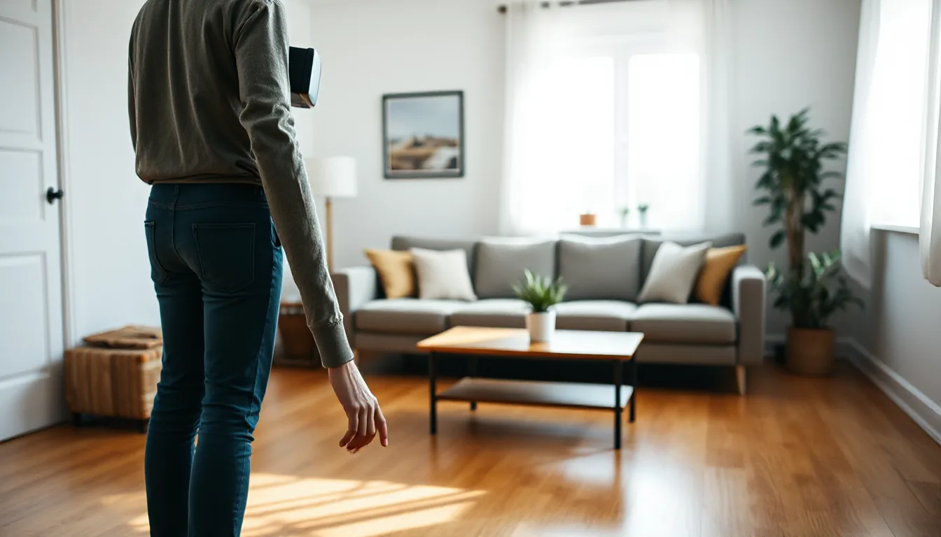 Person wearing a VR headset, seen from behind, standing in a living room and pointing at the floor