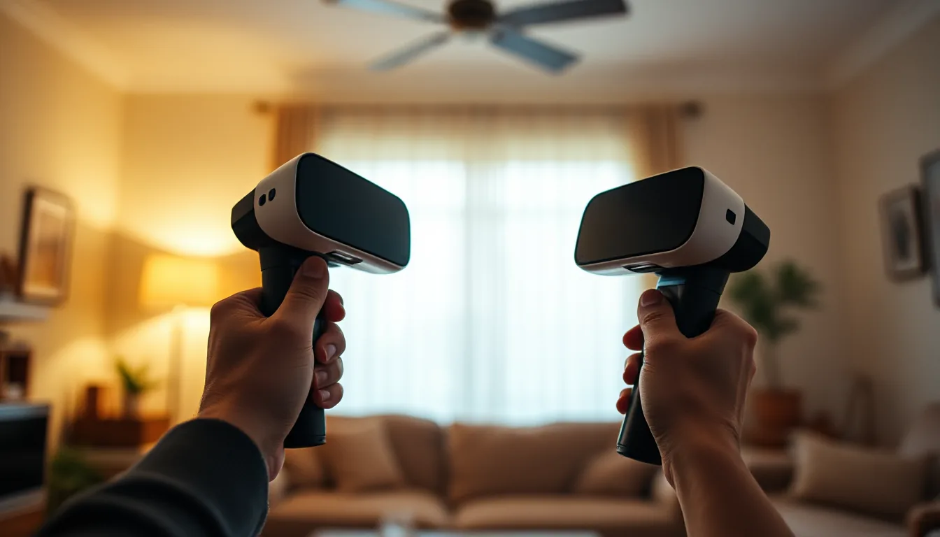 Two hands hold VR controllers in a warmly lit living room