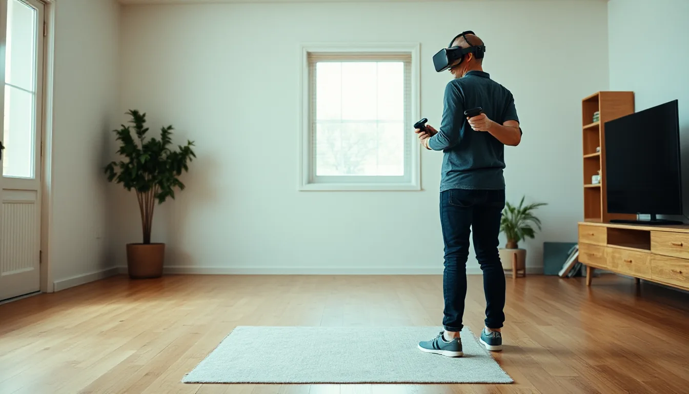 Person wearing a VR headset standing in a living room and looking at the open floor, photographed from behind