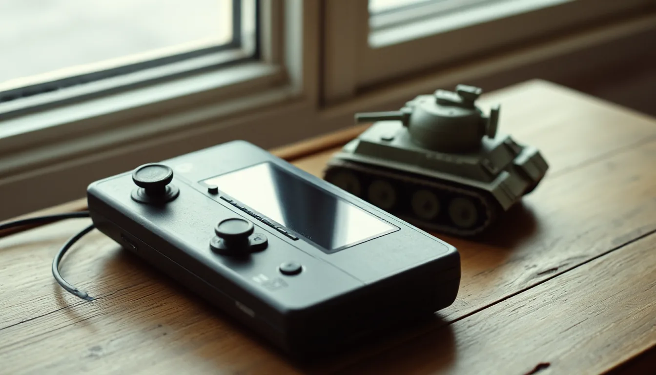 An old game controller and a toy tank on a wooden table
